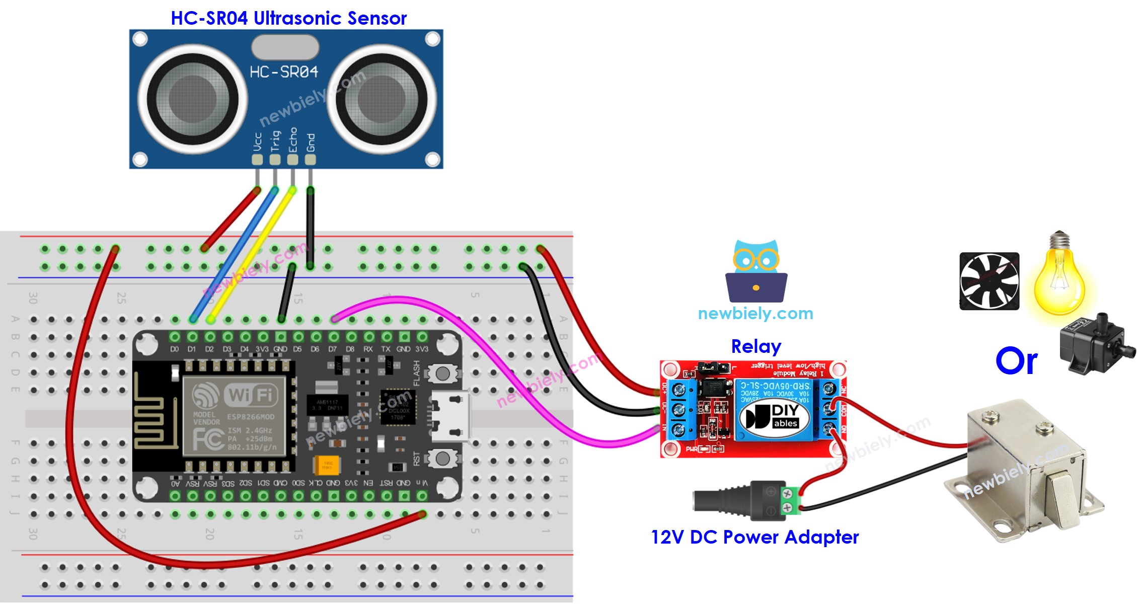 Diagrama de cableado del sensor ultrasónico y del relé ESP8266 NodeMCU