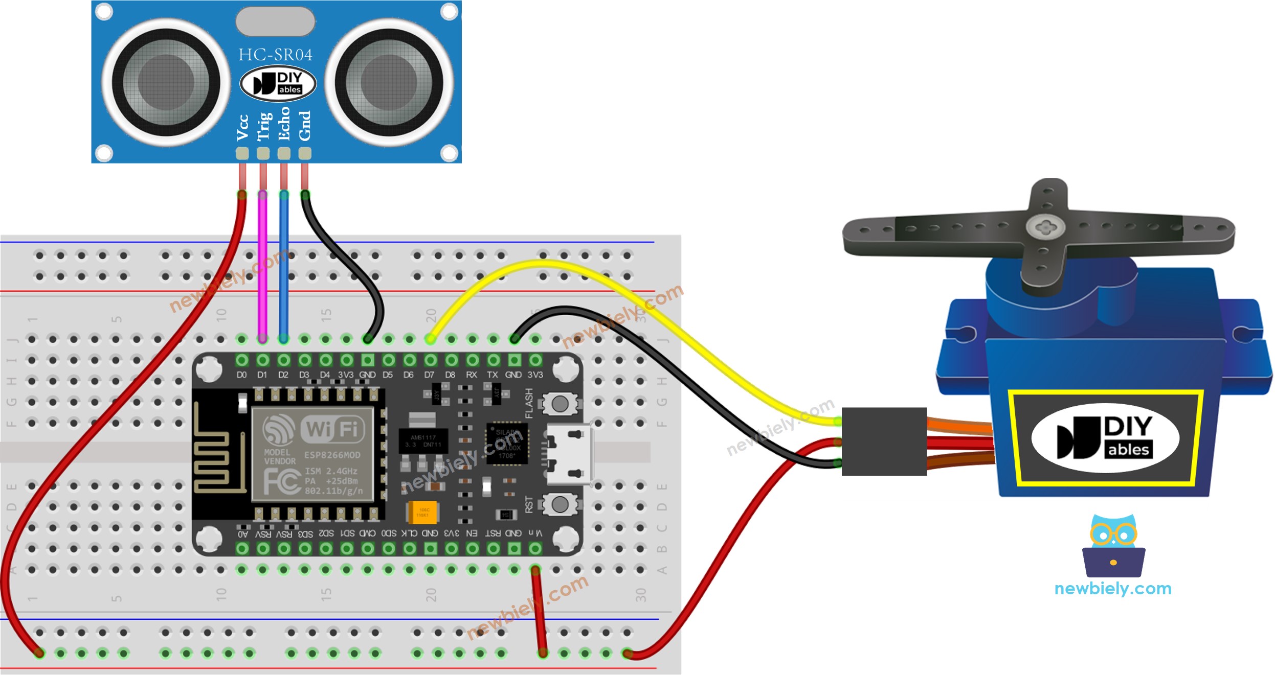 Diagrama de cableado del ESP8266 NodeMCU, sensor ultrasónico y servomotor