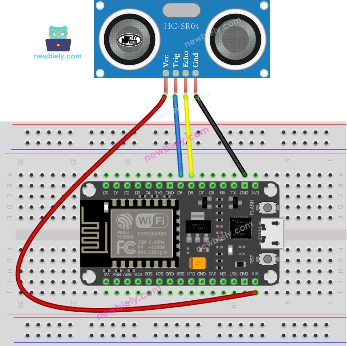 Diagrama de cableado del sensor ultrasónico ESP8266 NodeMCU