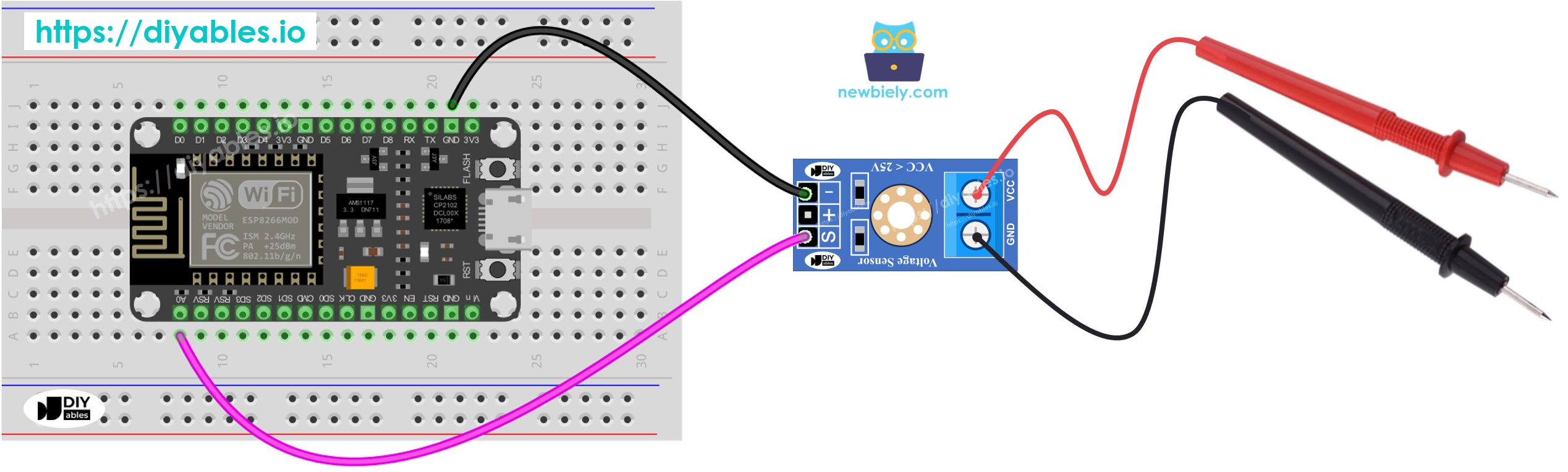 Diagrama de cableado del sensor de voltaje ESP8266 NodeMCU