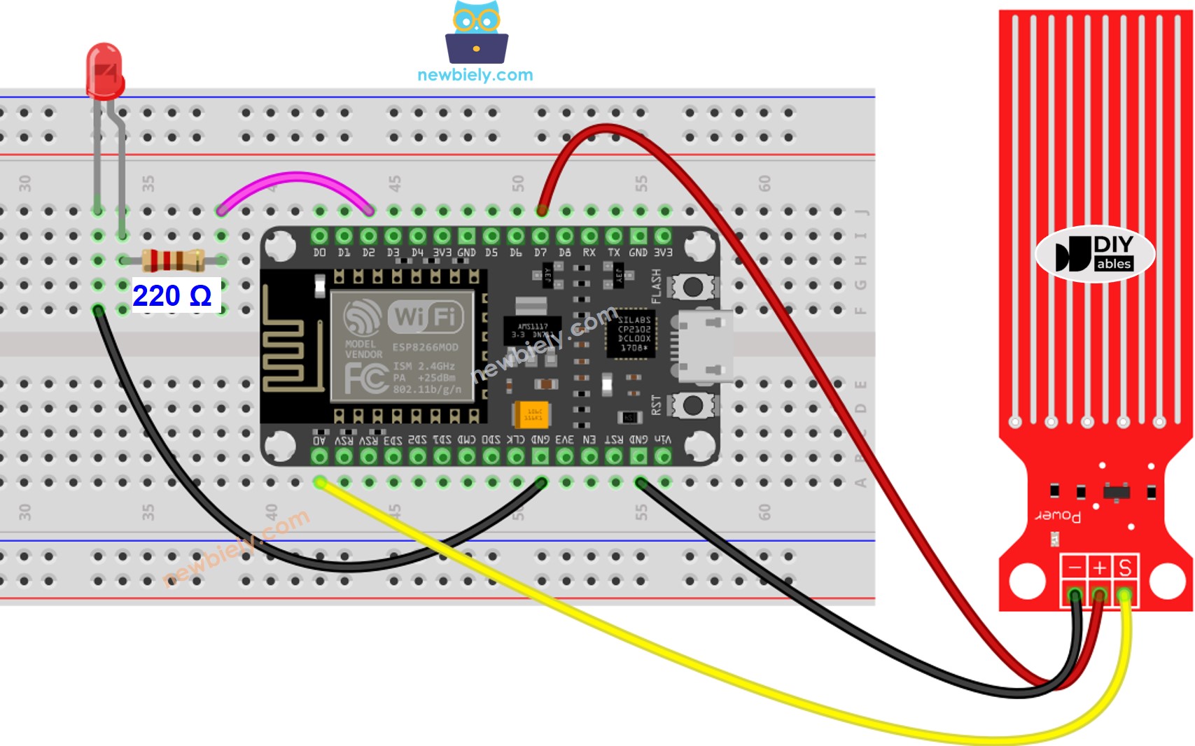 Esquema de cableado del LED para el sensor de agua ESP8266 NodeMCU