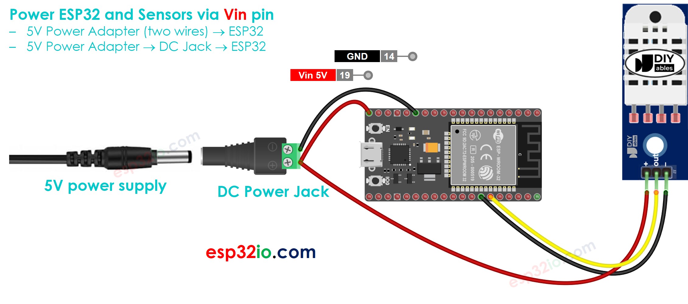 cómo alimentar el ESP32 y los sensores a través del pin Vin