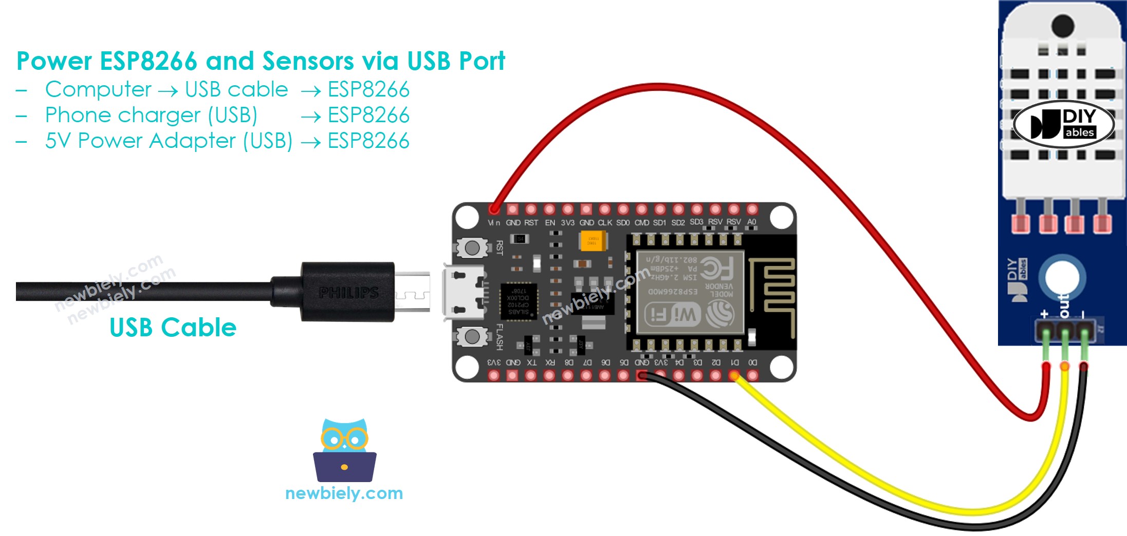 Cómo alimentar el ESP8266 NodeMCU y los sensores a través del puerto USB.